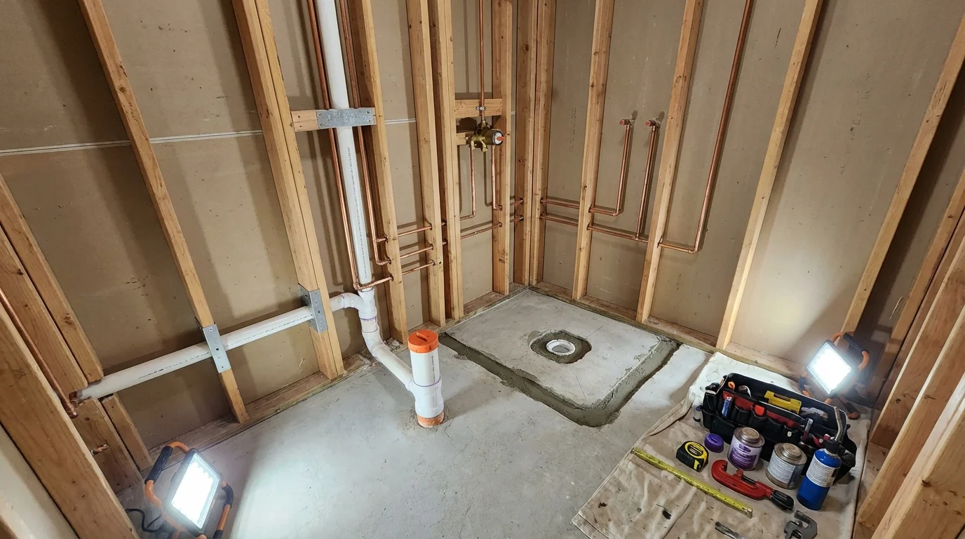 Bathroom rough-in plumbing during remodel by Johns Plumbing LLC in Safford