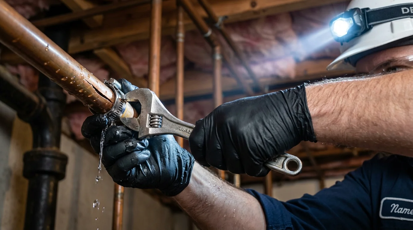 Emergency pipe clamp repair being performed by a Johns Plumbing LLC plumber in Safford